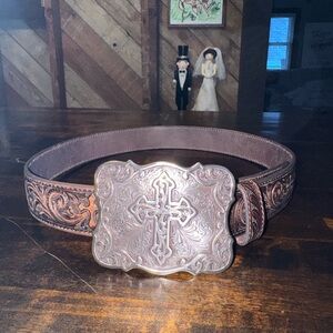 Western Embossed Leather Belt with Ornate Buckle